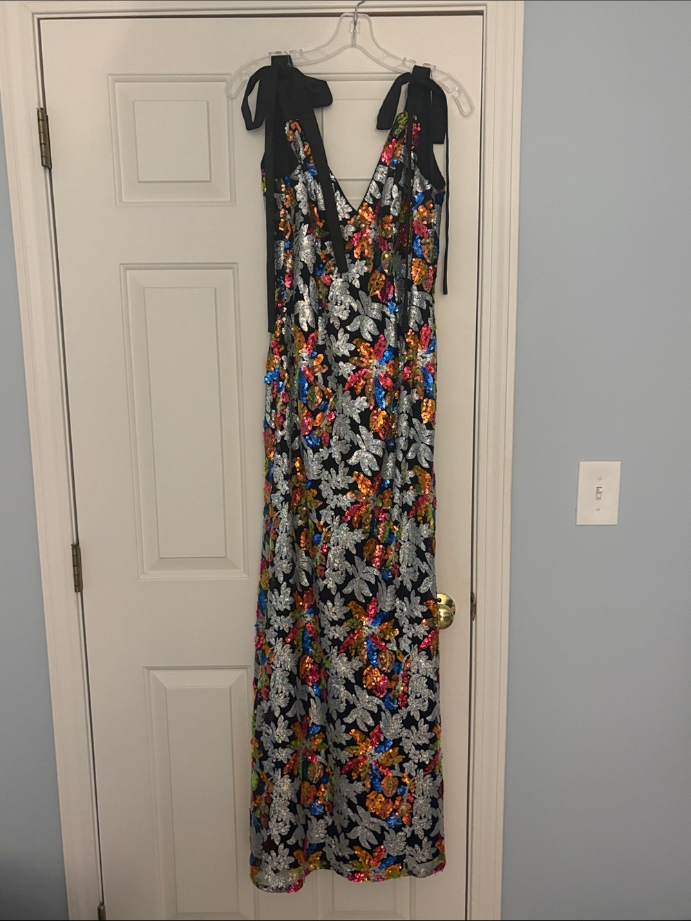 Mac Duggal Black Sequin Floral Gown with Multi-Color Accents - Picture 1 of 6